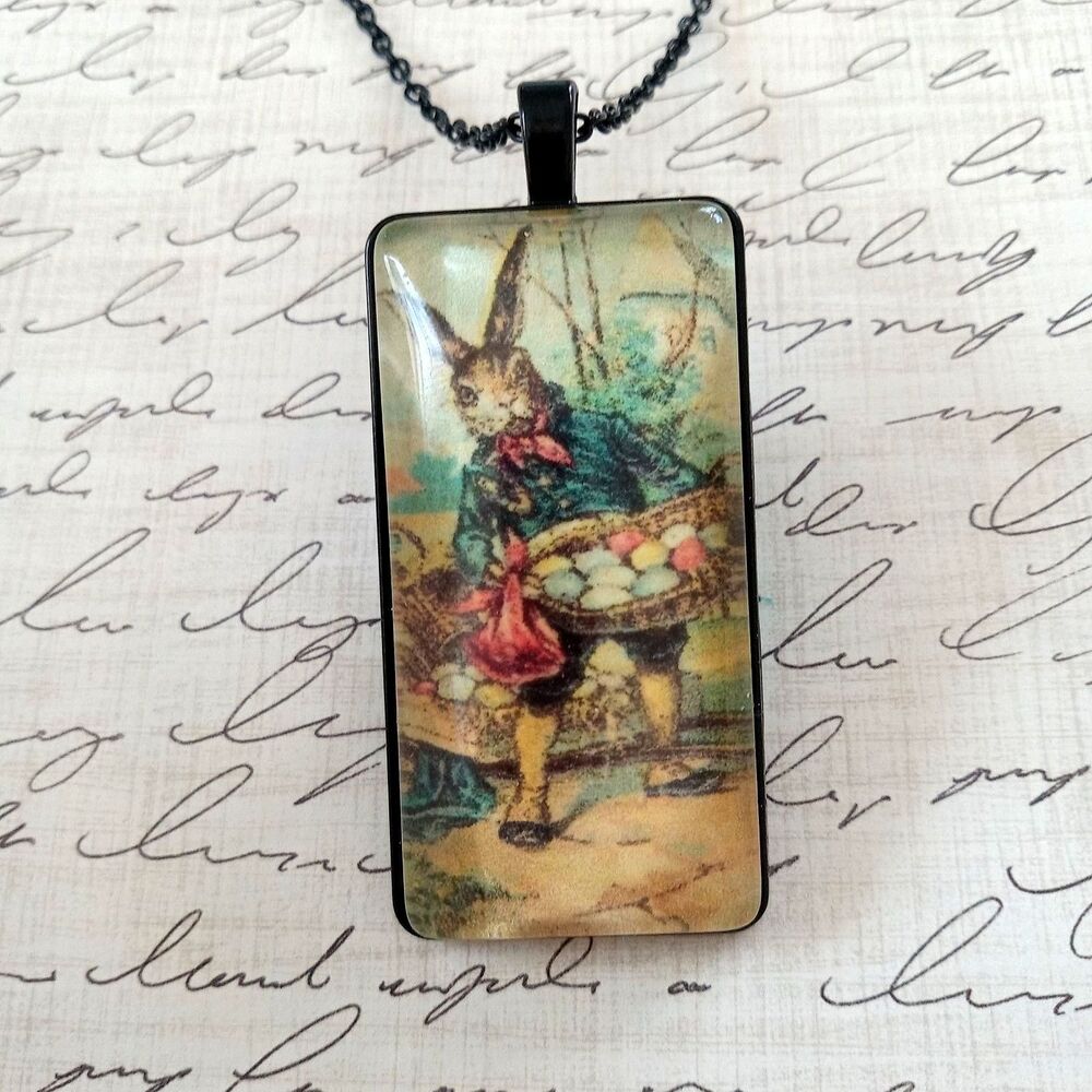 Vintage Inspired Easter Bunny Pendant Necklace Altered Art Under Glass
